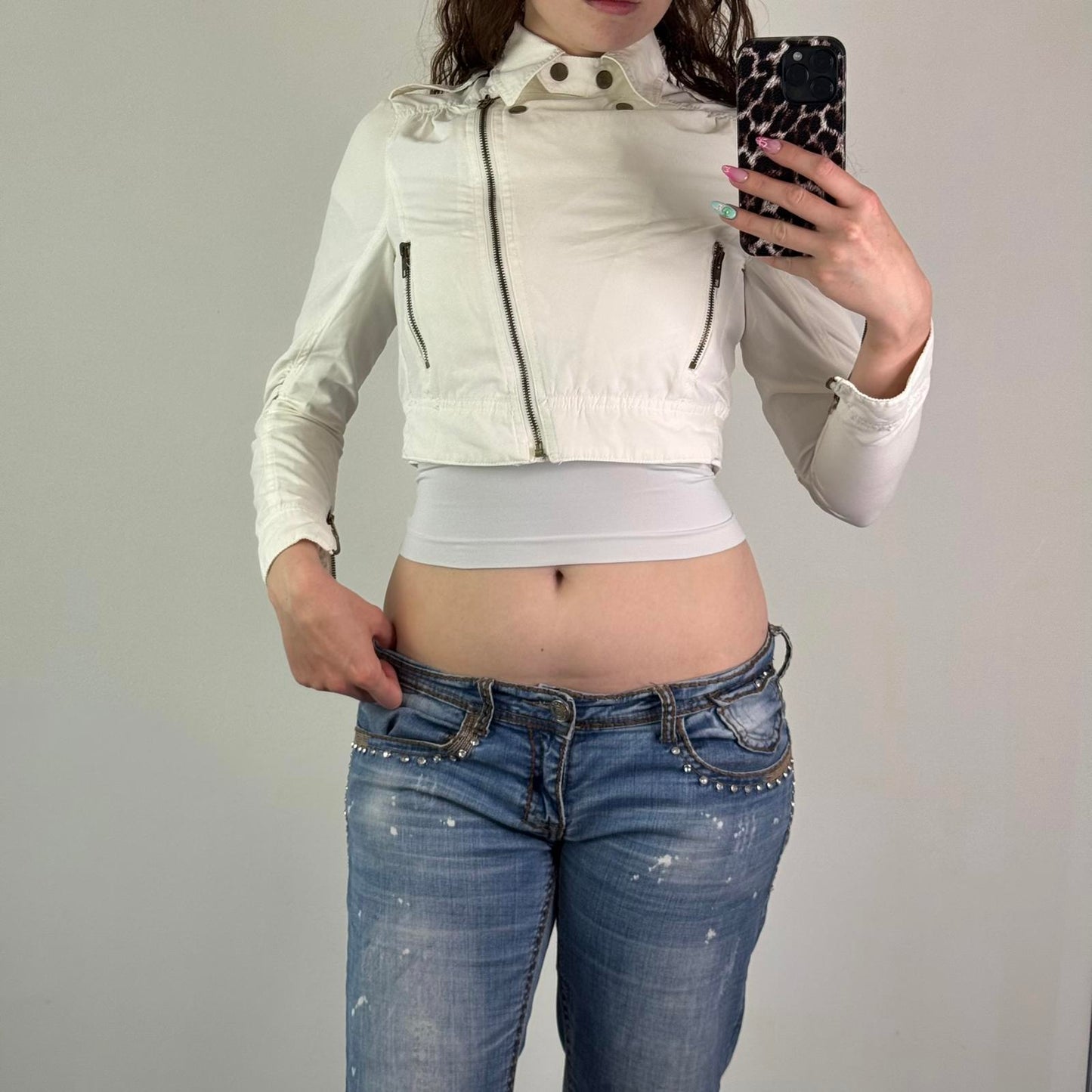 Vintage cropped fitted long sleeve jacket lightweight asymmetrical zipper XS