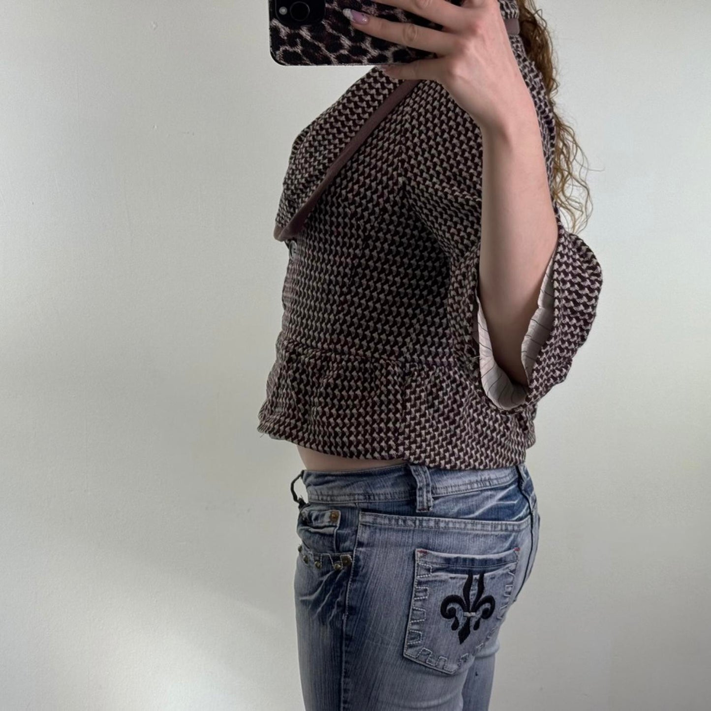 Y2K vintage wool blend cropped jacket frill flare hem v neck tailored pea