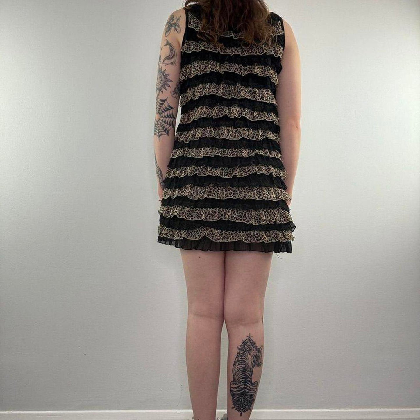 Y2K vintage leopard print sparkly frilly mini dress tiered round neck black