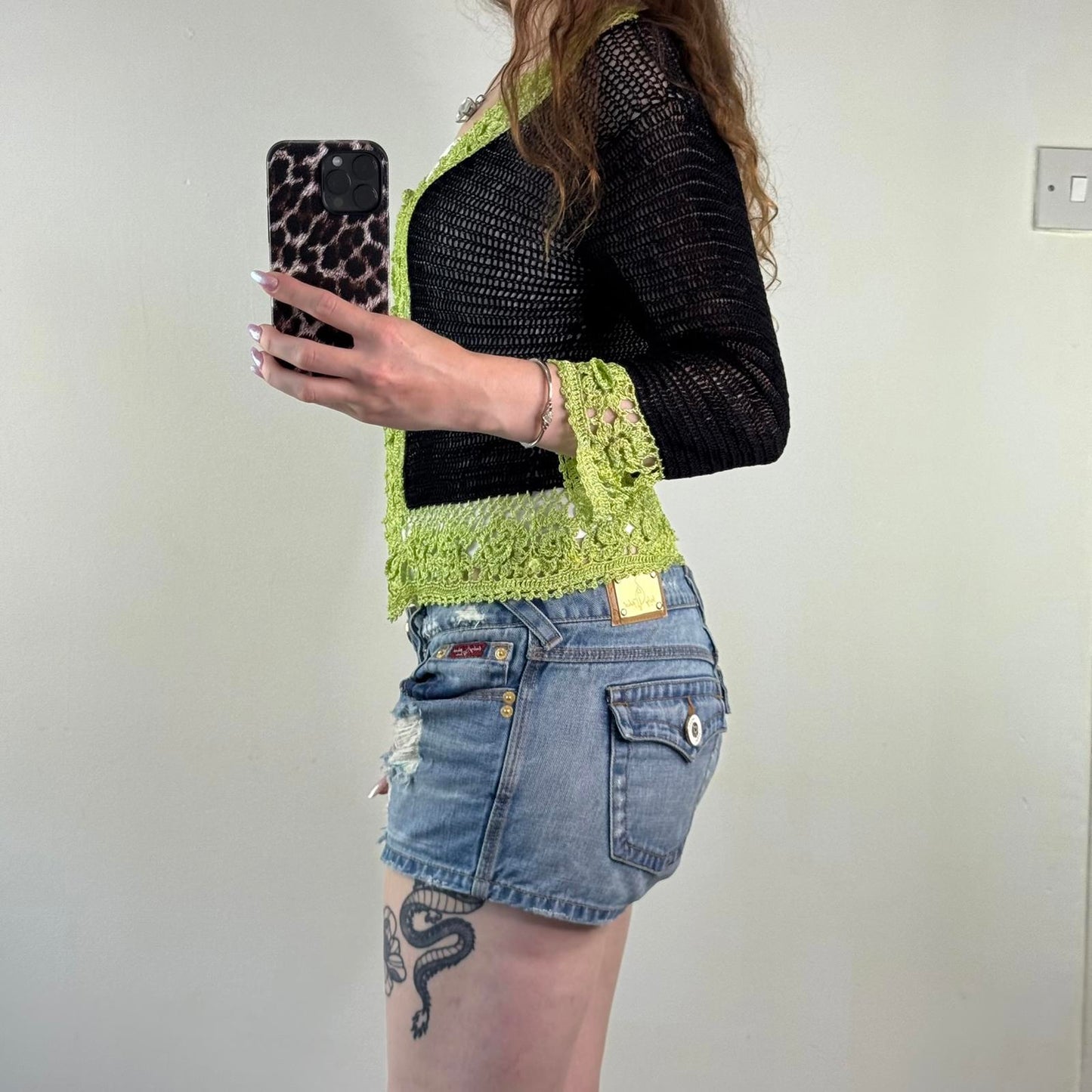 Y2K vintage crochet button up cardigan black green v neck floral pattern sheer