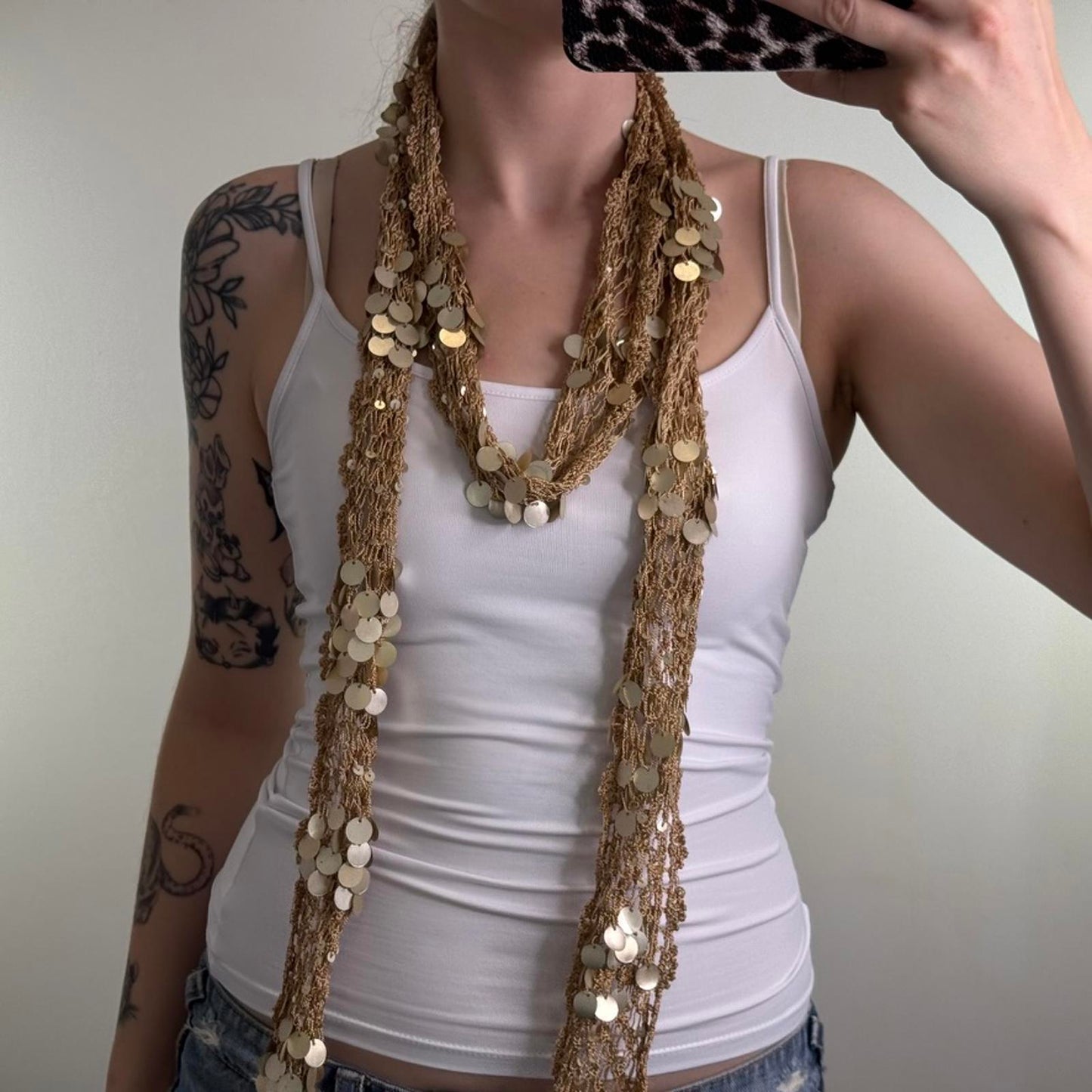 Y2K vintage crochet skinny scarf sequin gold knit thin