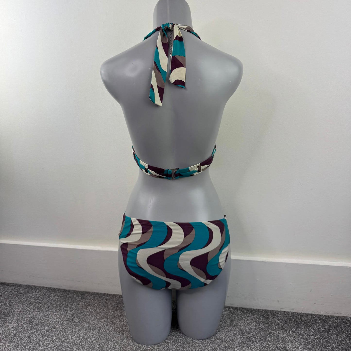 Y2K vintage swirly matching halter neck bikini set swimwear funky pattern