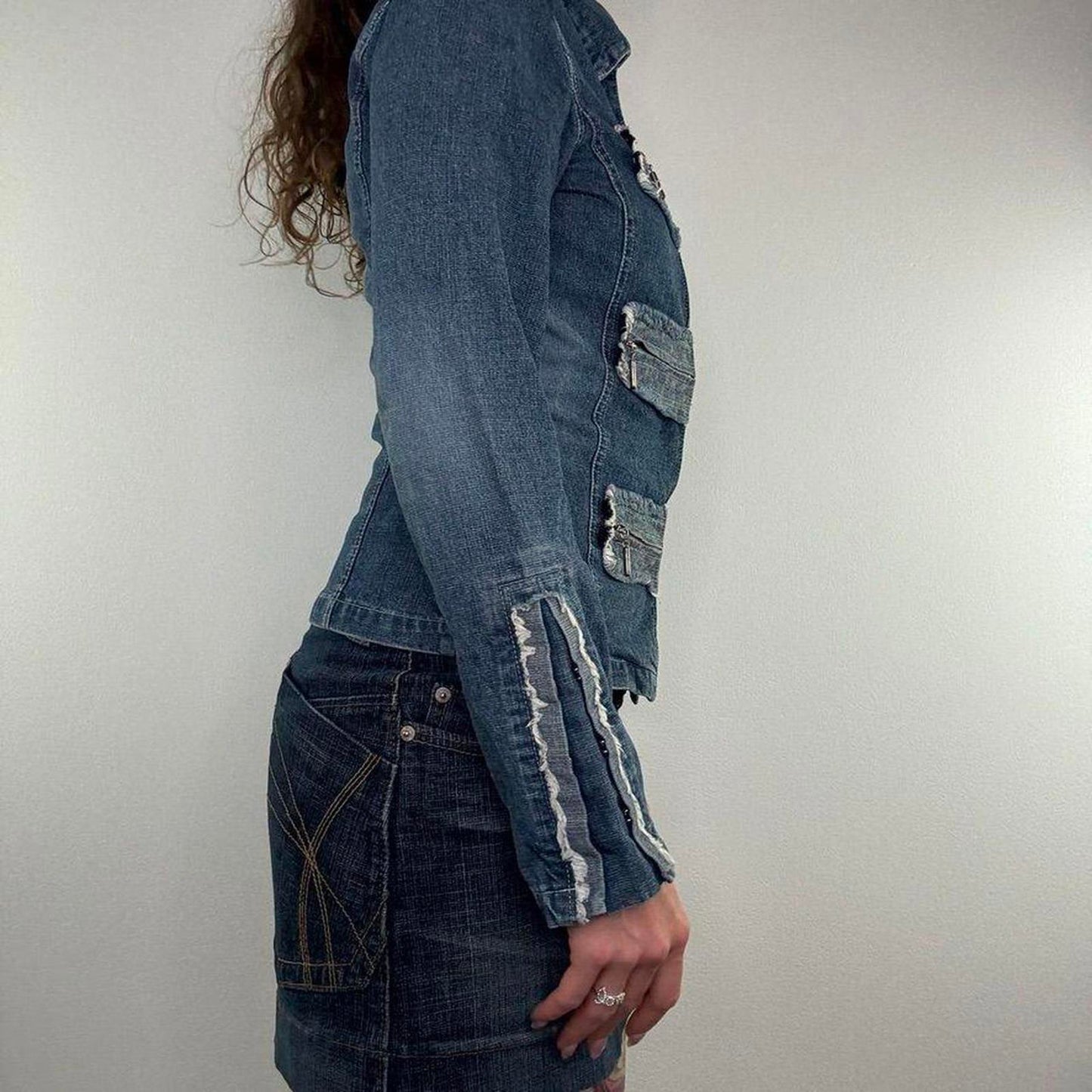 Y2K vintage Miss Posh military fitted faded denim jacket fraying contrast blue