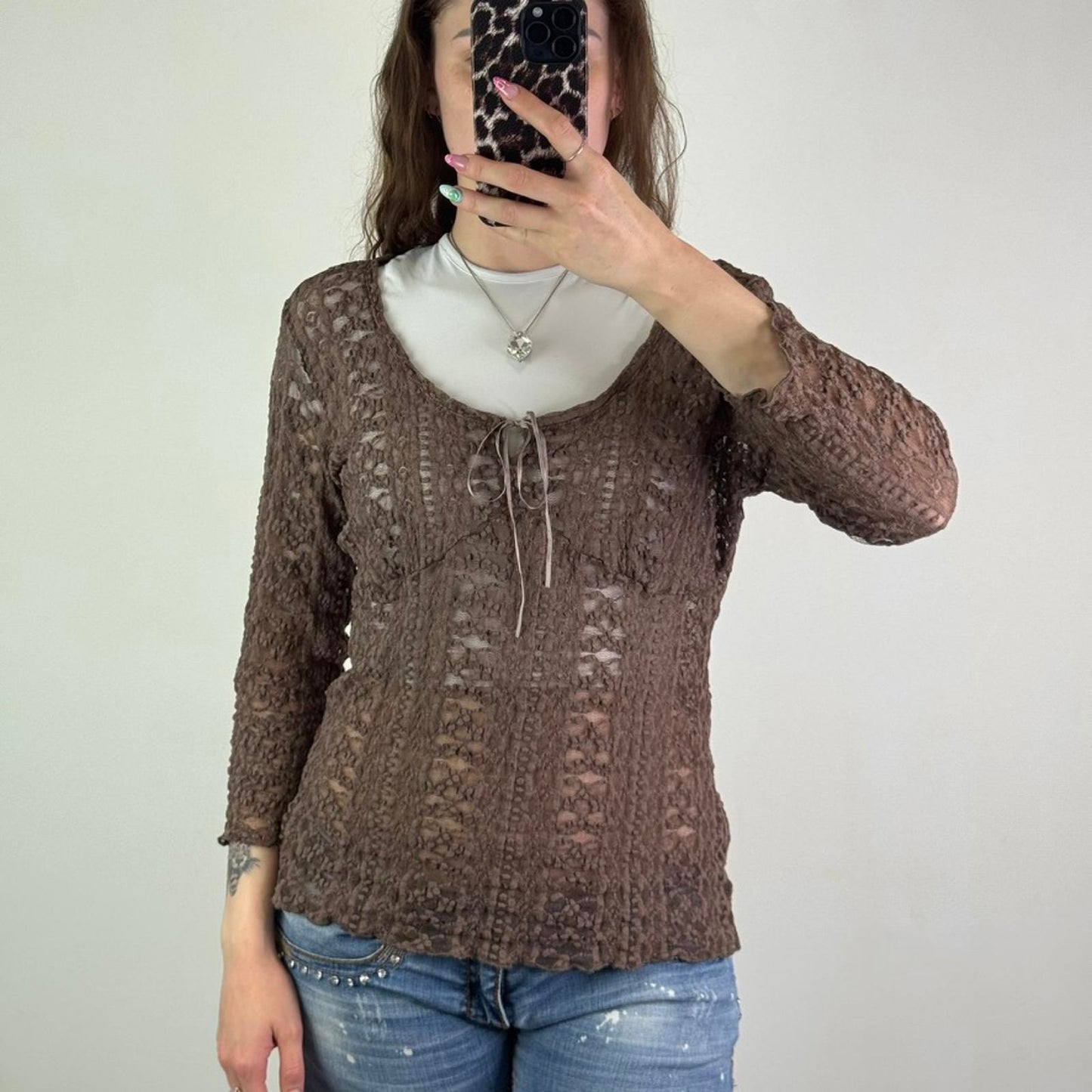 Y2K vintage mesh lace 3/4 sleeve top bust bow keyhole round deep neckline sheer