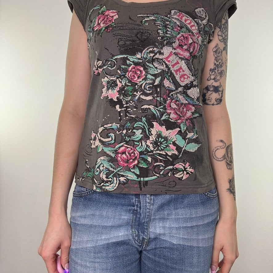 Y2K vintage grey tattoo rose studded top t shirt