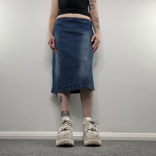 Y2K vintage faded denim midi skirt stretchy knee length blue wash