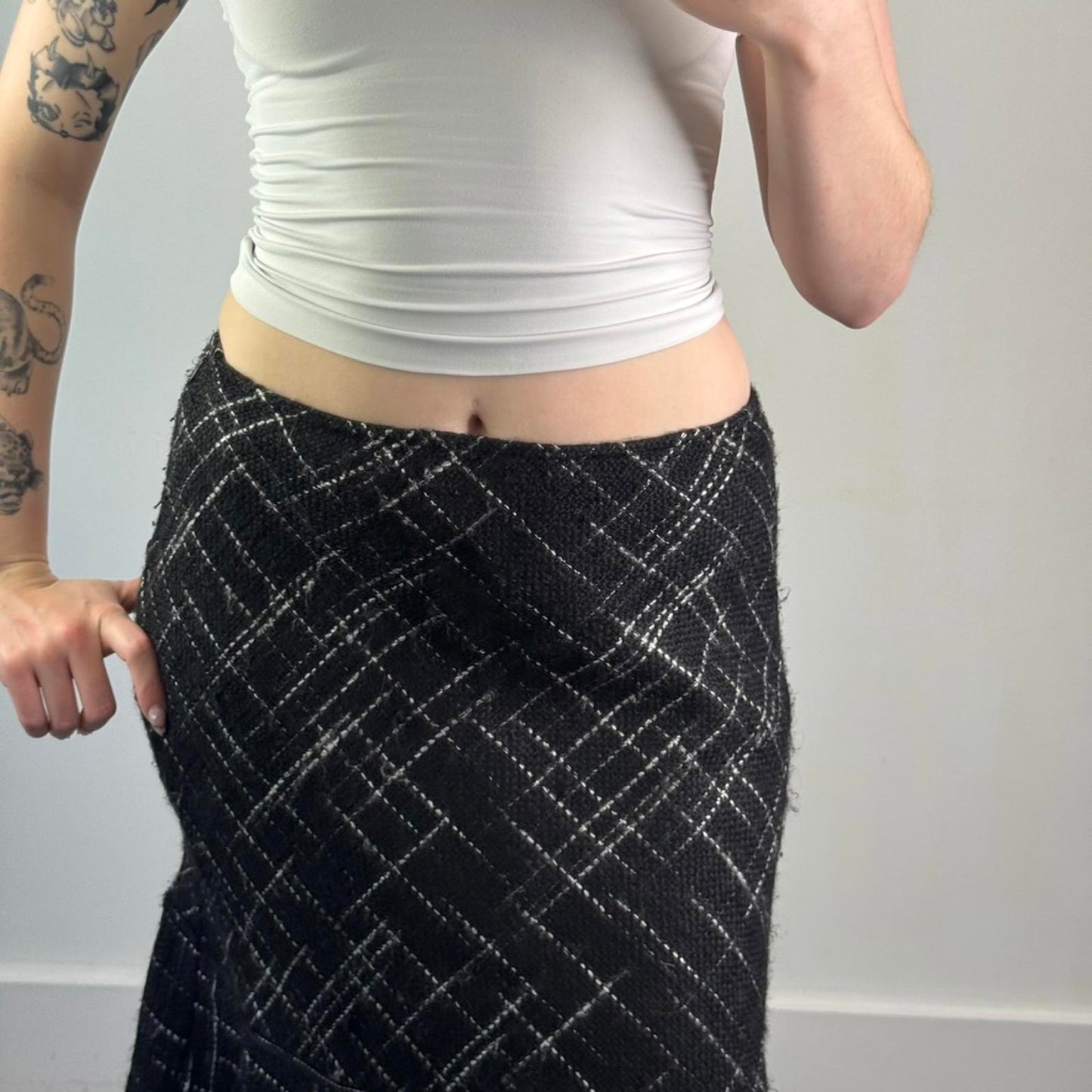 Y2K vintage crisscross pattern tiered midi skirt a line frill hem mid rise