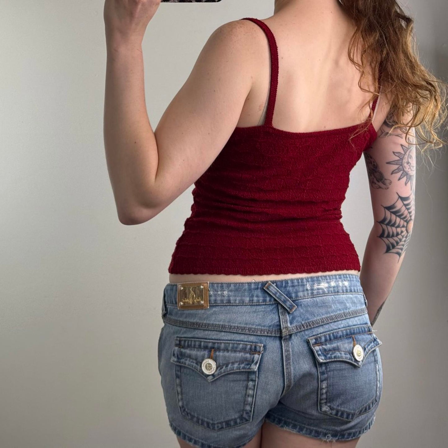 Y2K vintage knitted cami tank top red bow slight crop short length stretchy red