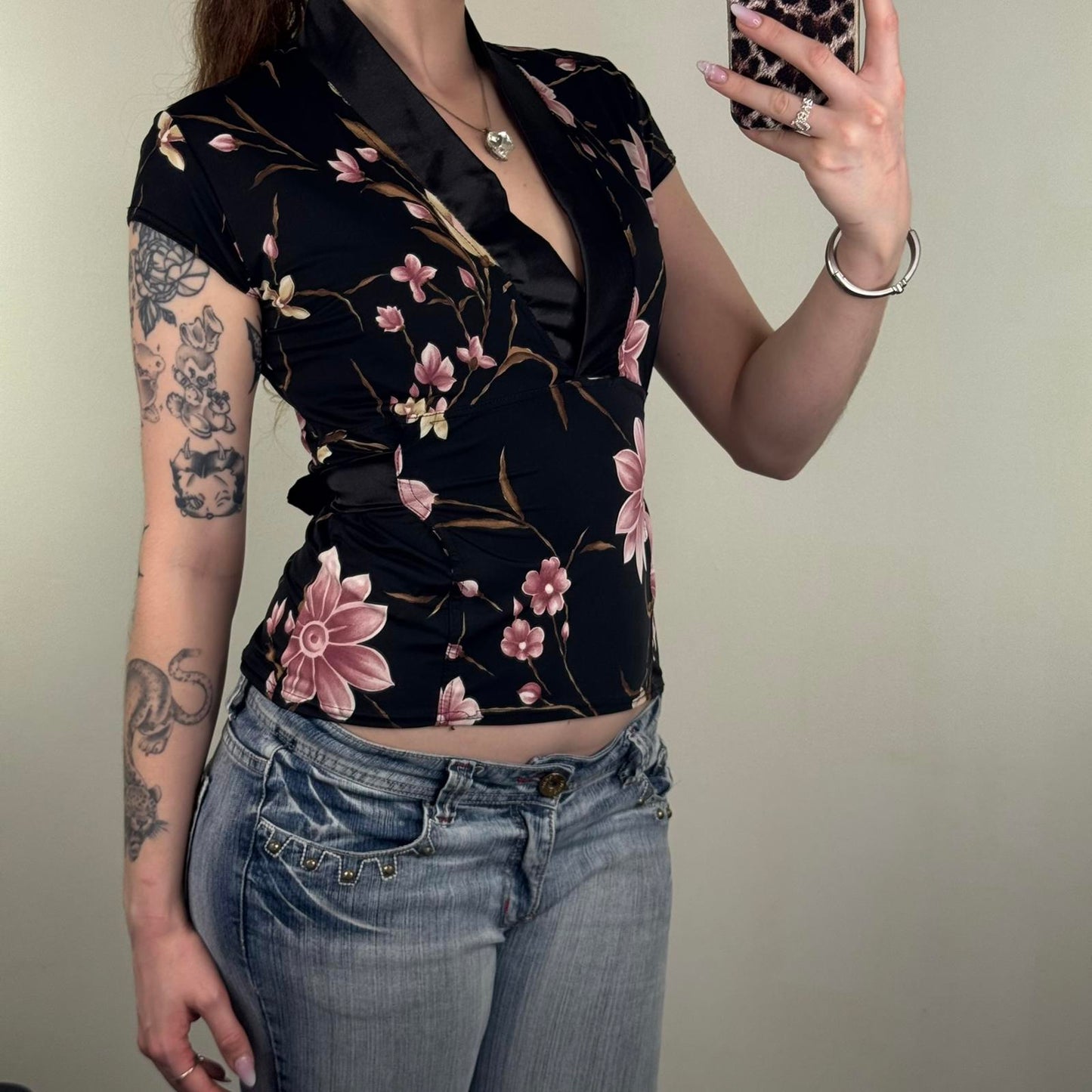 Y2K vintage slinky floral stretchy cap short sleeve top deep v neck tie back bow