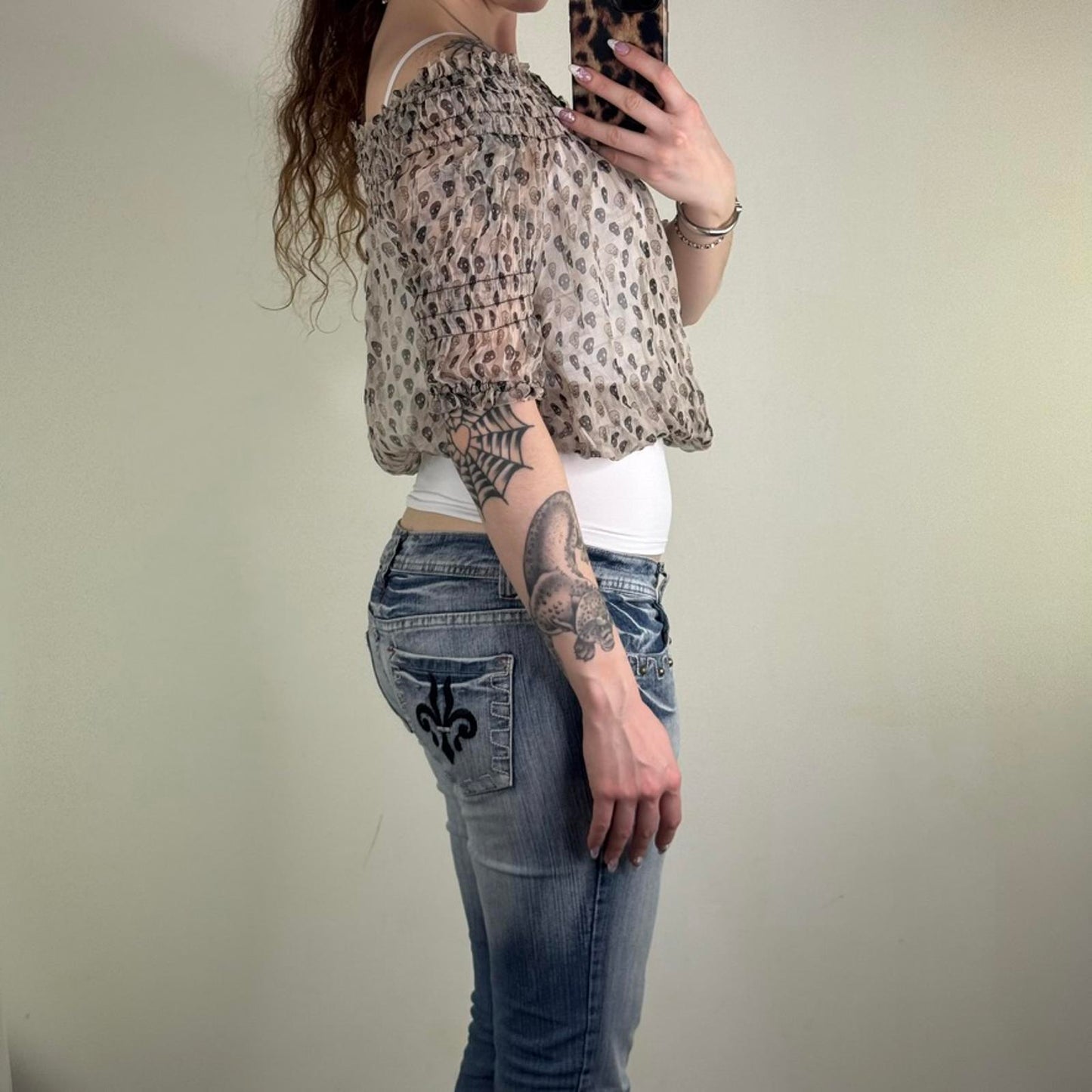 Y2K vintage blouse skull print short sleeve cropped keyhole sheer lightweight