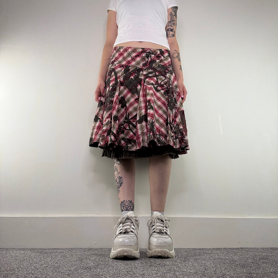 Y2K vintage midi skirt tartan floral floaty archive a line puffy double layer