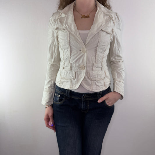 Y2K vintage fitted denim blazer frill knit trims button up jacket