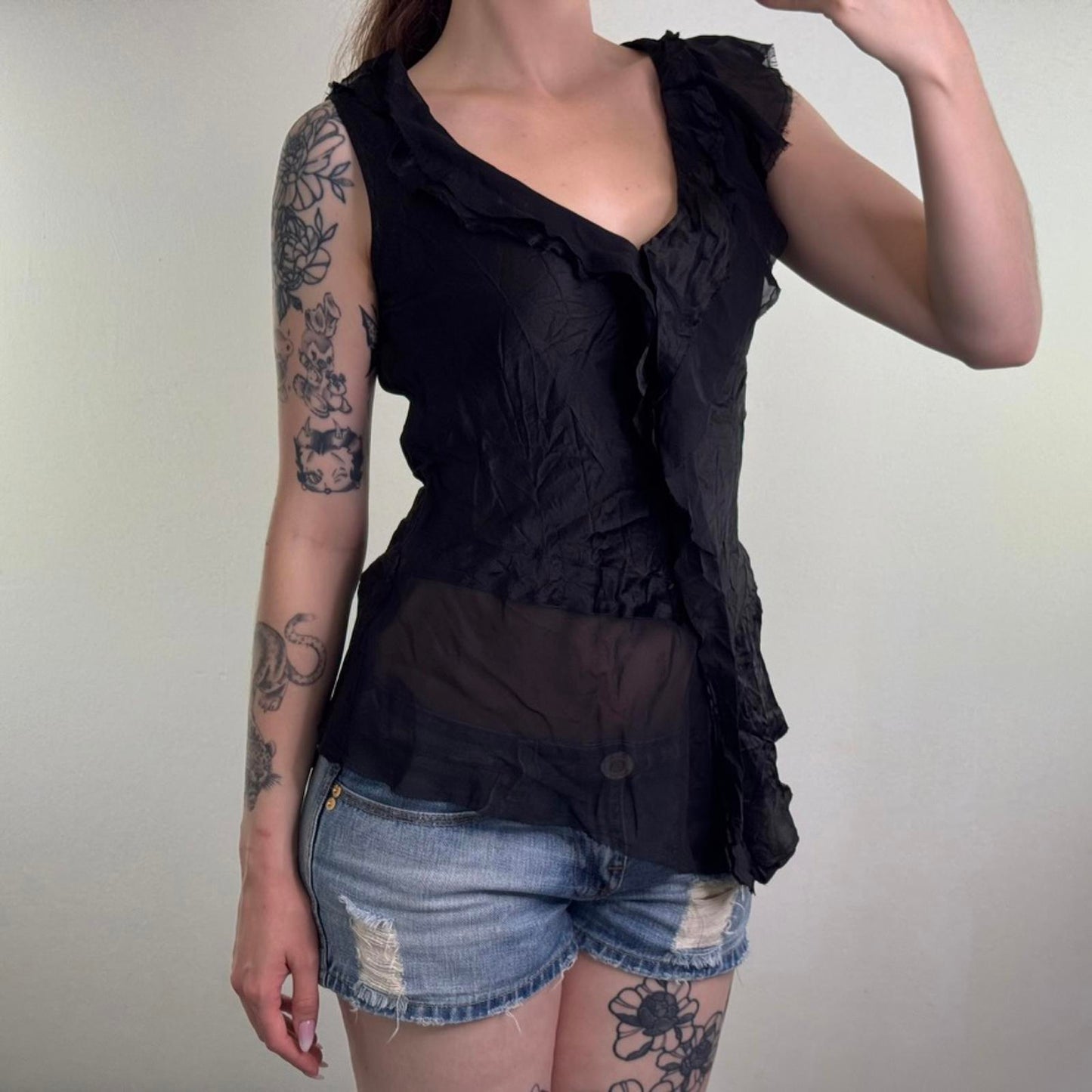 Y2K vintage 100% silk asymmetrical blouse top ruffle tiered v neck cap sleeve