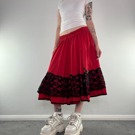 Y2K vintage lace trim bow a line maxi skirt