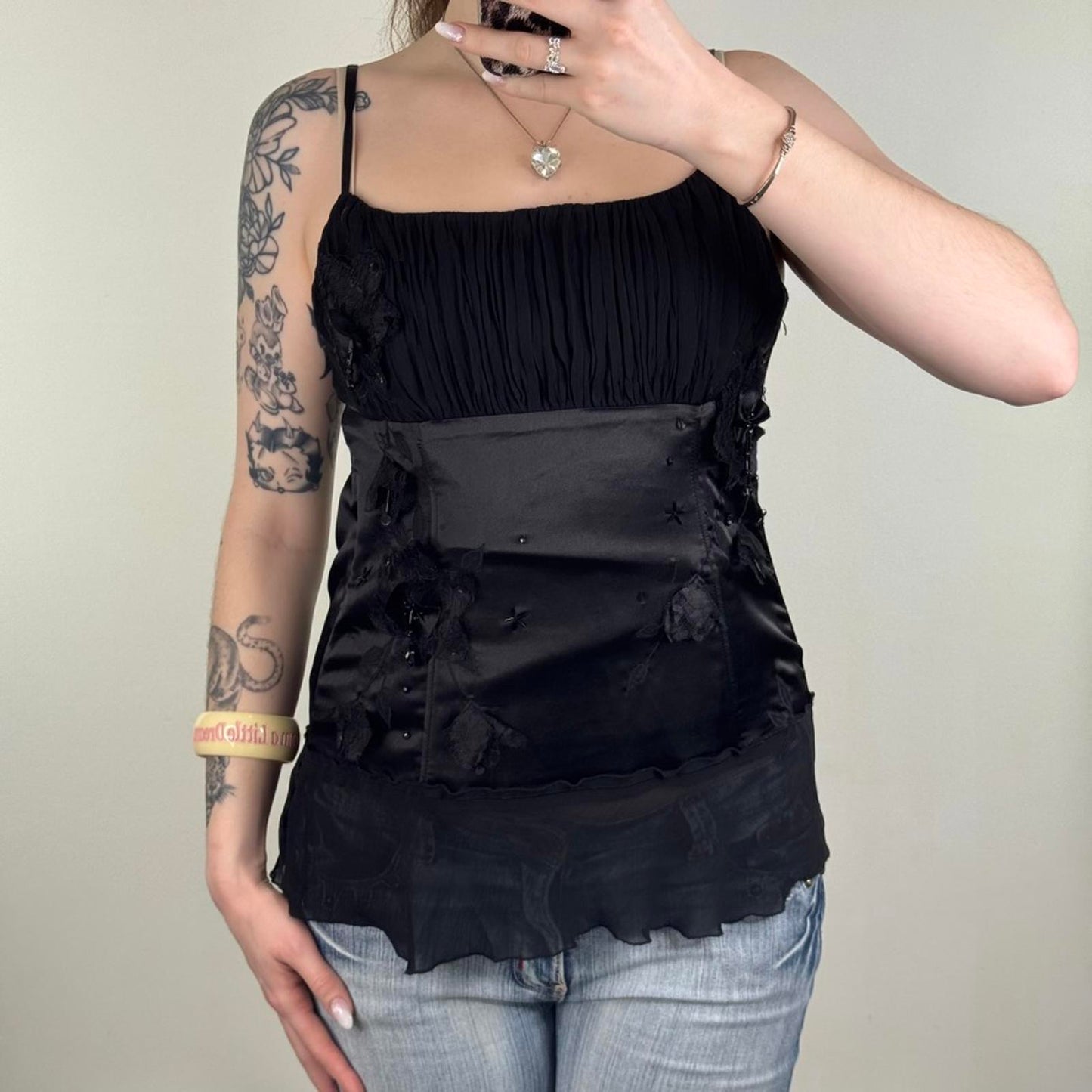 Y2K vintage boned embellished top ruched bust lace floral beaded sequin coquette