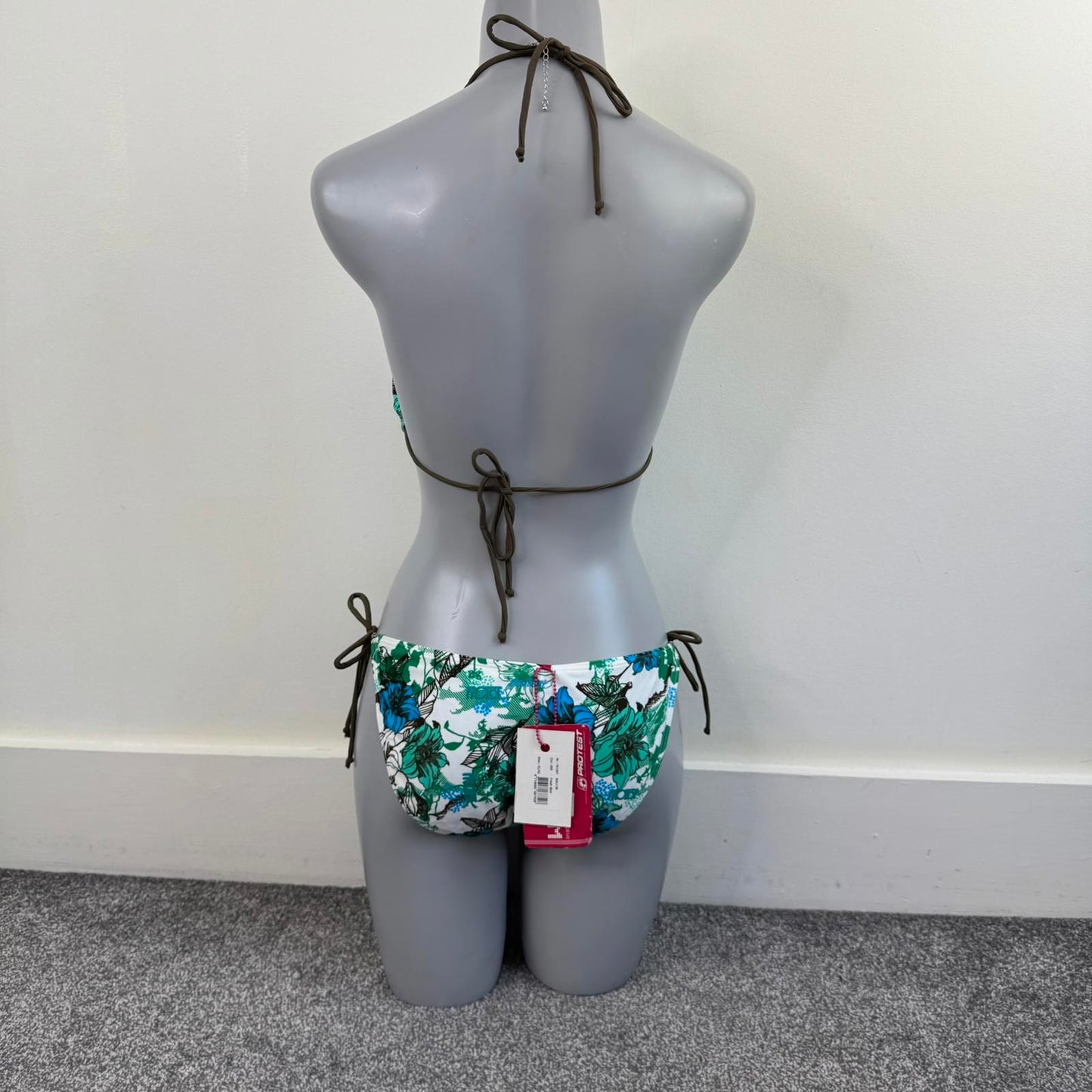 Y2K vintage floral matching bikini set halter neck top adjustable bow white blue