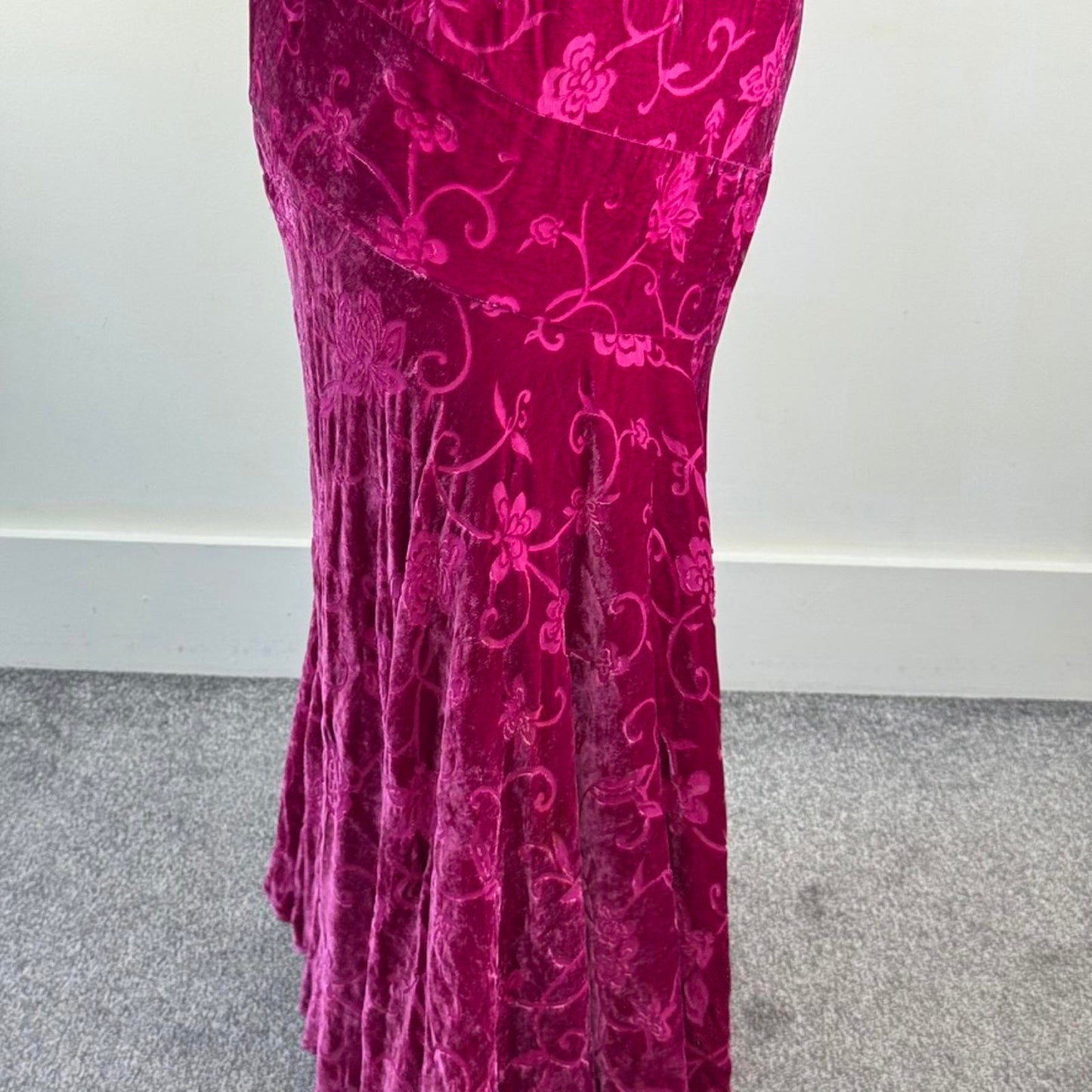 Y2K vintage part silk velour maxi skirt floral a line hot pink stretchy lined