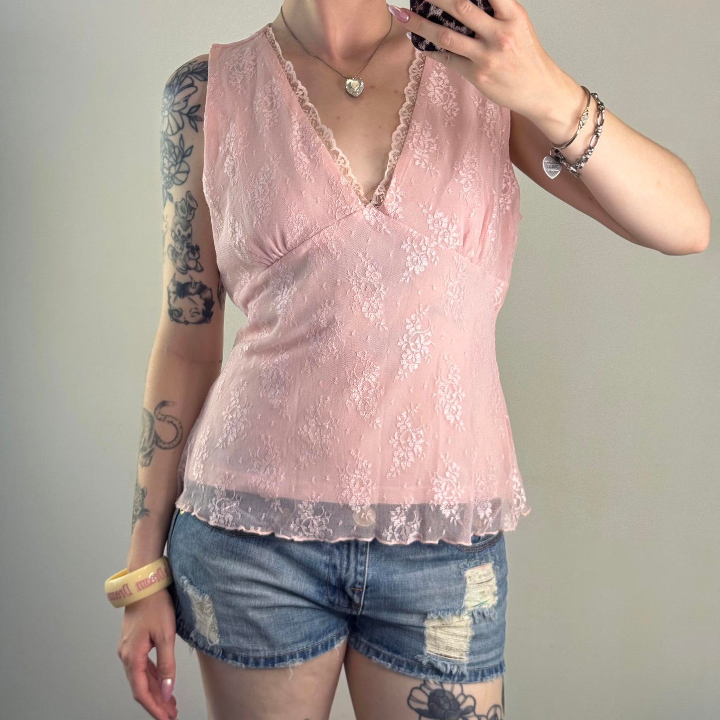 Y2K vintage lace mesh overlay tank top v neck frill trim baby pink stretchy