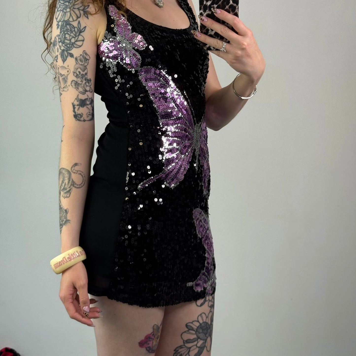 Y2K vintage sequin butterfly mini dress black purple mesh round neck festival
