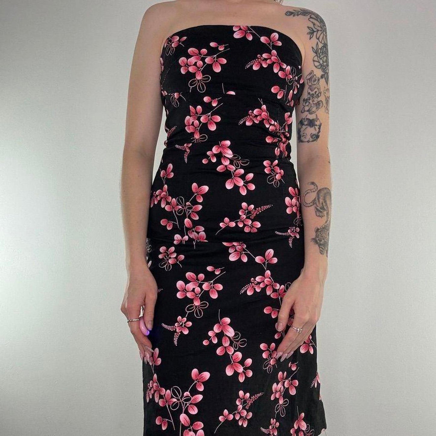 Y2K vintage strapless blossom floral midi dress a line fitted knee length
