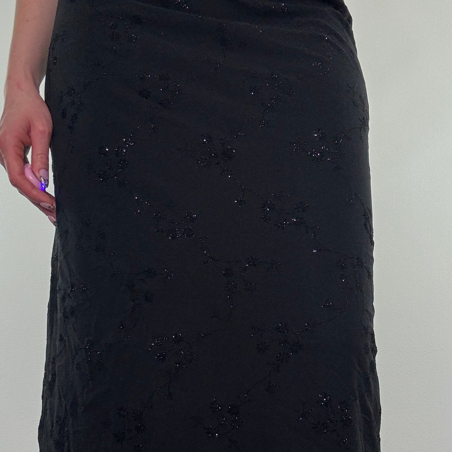 Y2K vintage maxi skirt sparkly glitter mesh overlay lettuce hem