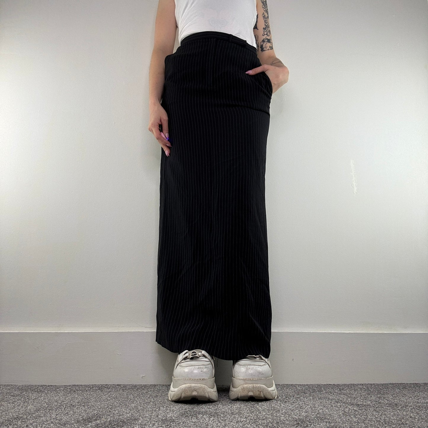 Y2K vintage pinstripe maxi skirt with pockets suit formal tailored office smart