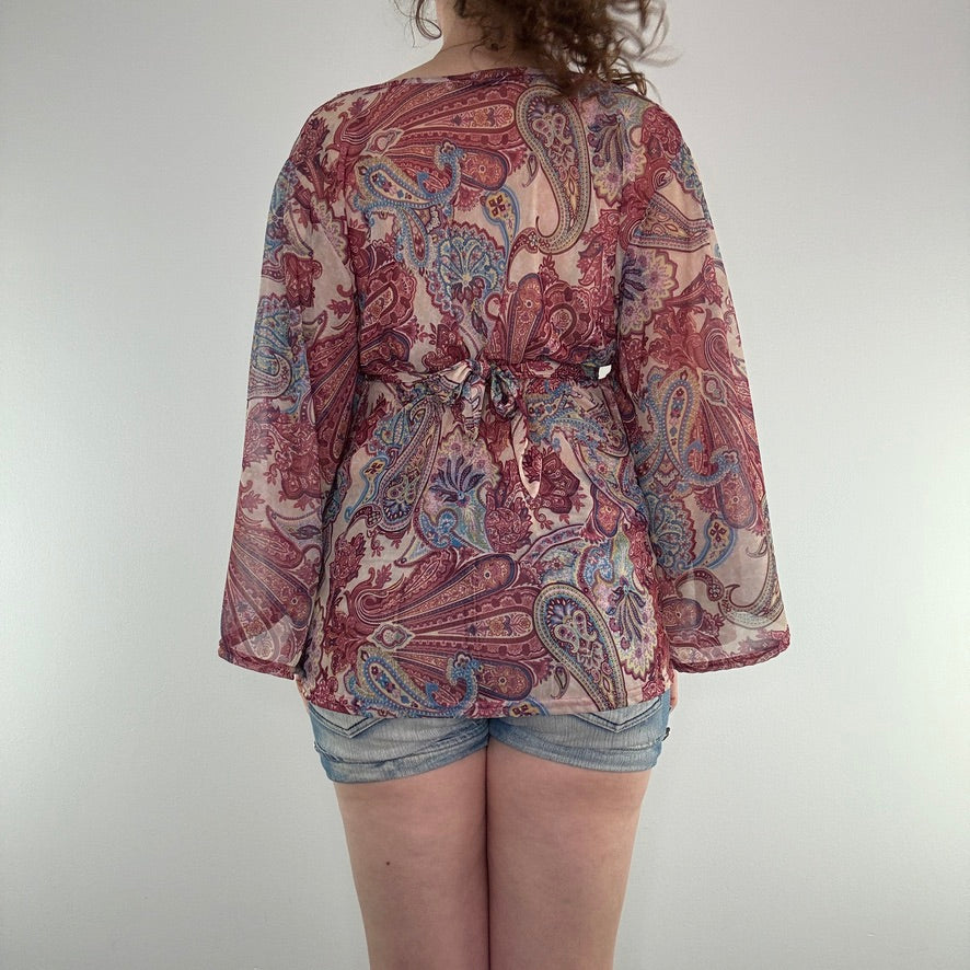 Y2K mesh paisley boho bow floaty top