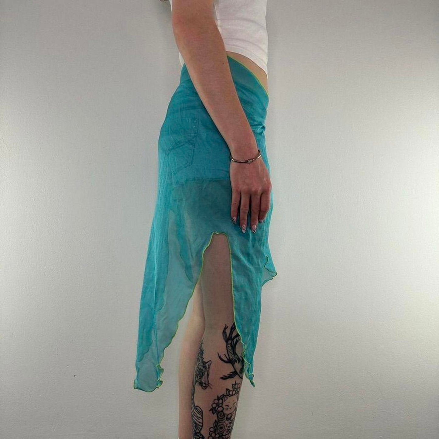 Y2K vintage sarong swim beach cover up sheer fairy bow blue green asymmetrical