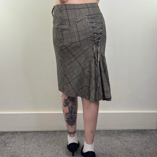 Y2K vintage houndstooth tartan check midi skirt lace up knee length rhinestone