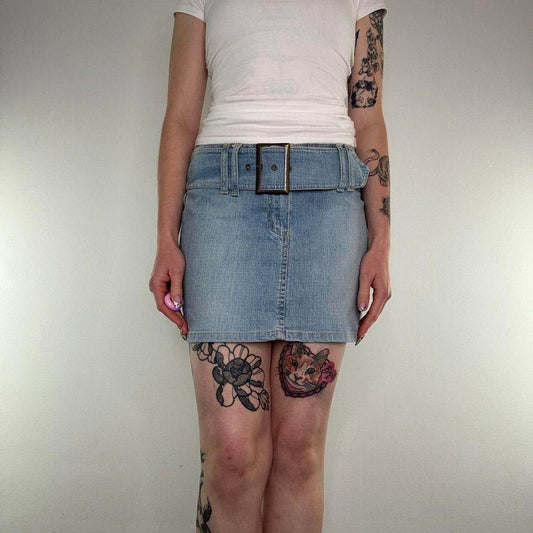 Y2K vintage Jane Norman denim mini skirt oversized built in belt stretchy blue