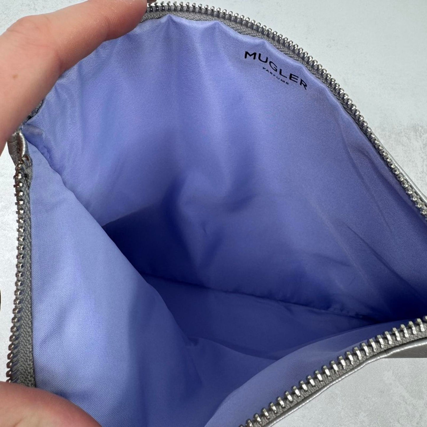 Mugler Parfums large cosmetic bag wash clutch silver grey star faux leather