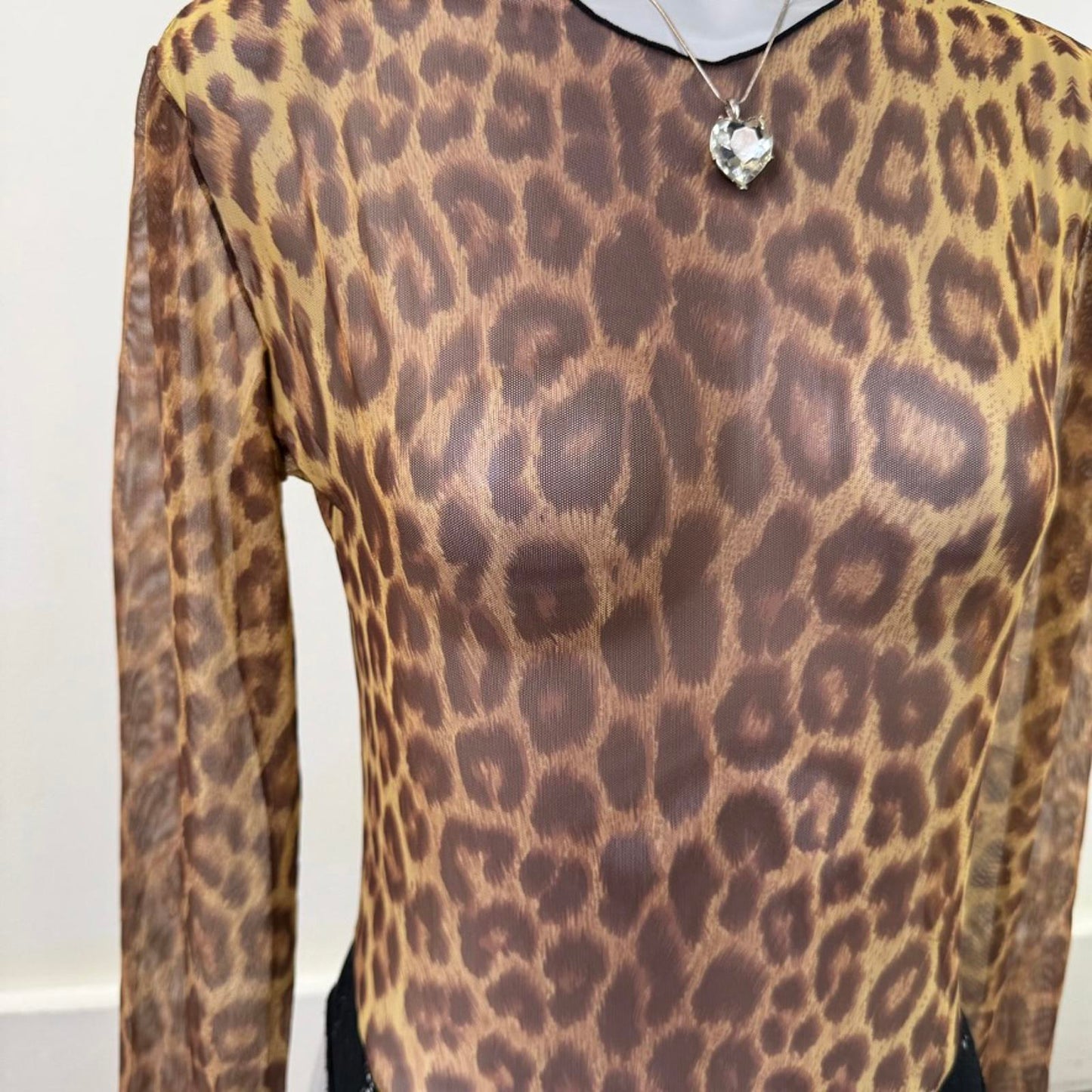 80s vintage Guy Laroche long sleeve bodysuit mesh lace leopard print sheer