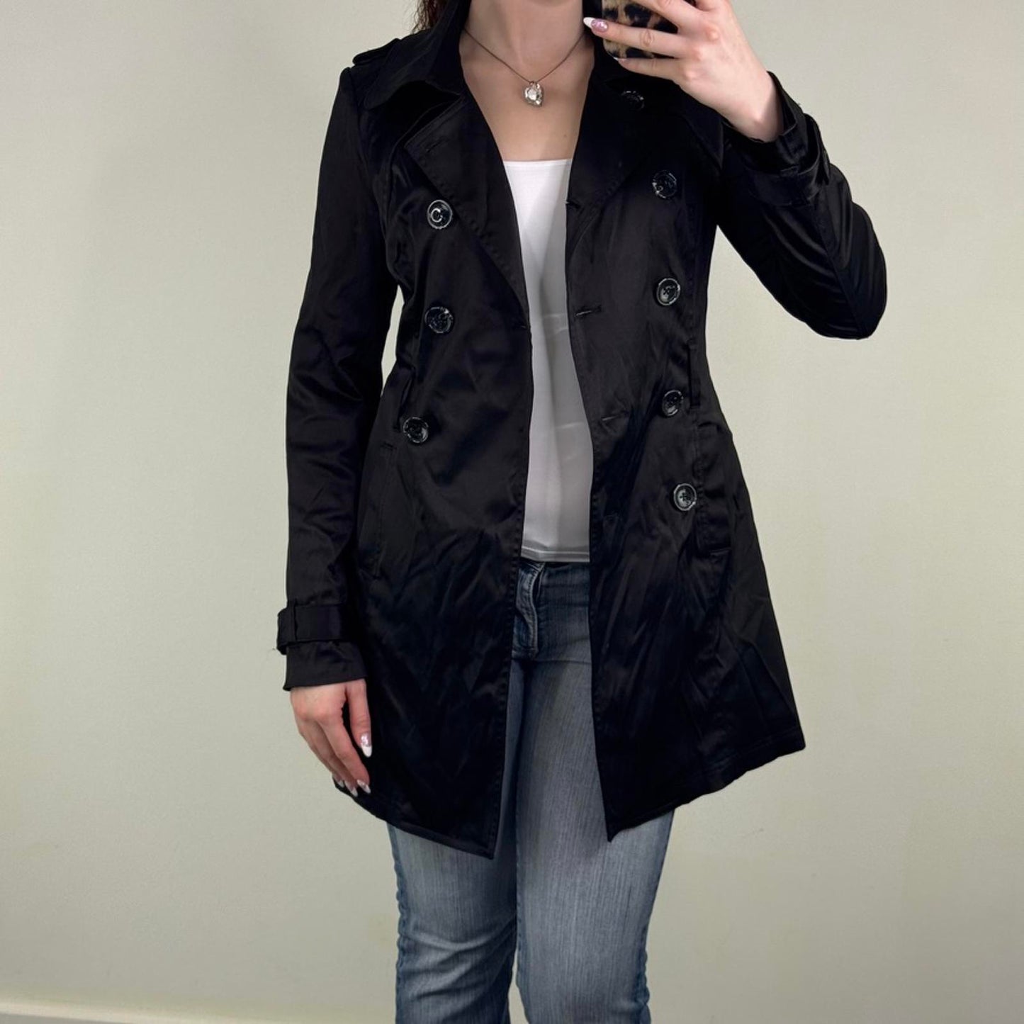 Vintage Jane Norman trench jacket short black satin button up double breasted