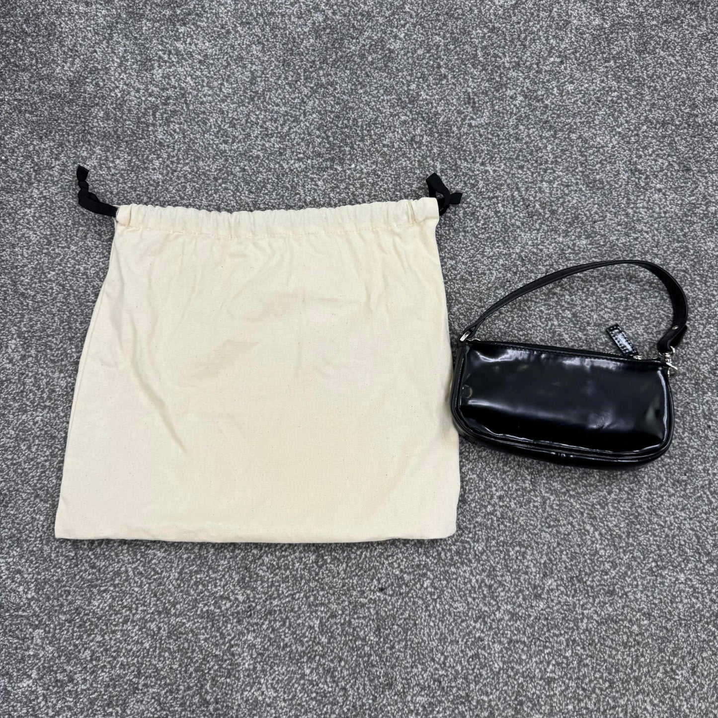 By FAR faux leather patent mini micro handbag chain small black silver dust bag