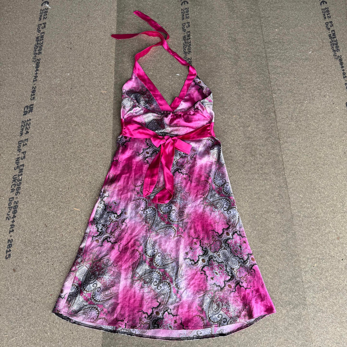 Y2K vintage ombre satin style floaty bow halter neck midi dress lightweight
