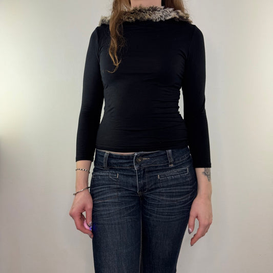 Y2K vintage faux fur trim 3/4 sleeve top