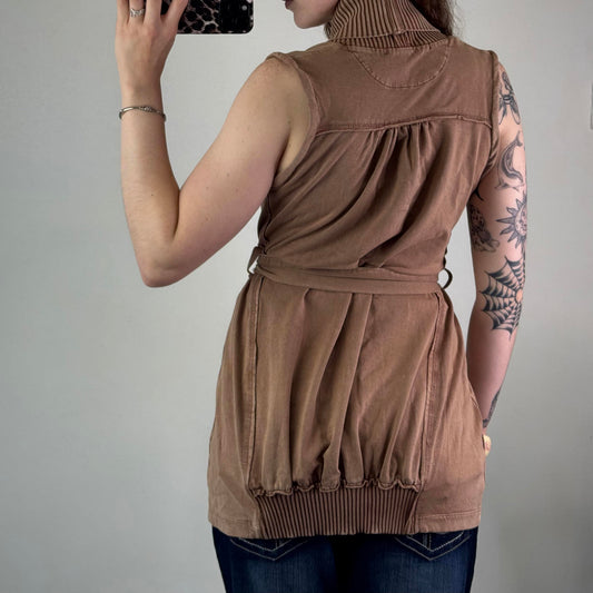 Y2K vintage sleeveless long cardigan studded tie bow belt archive light brown- S