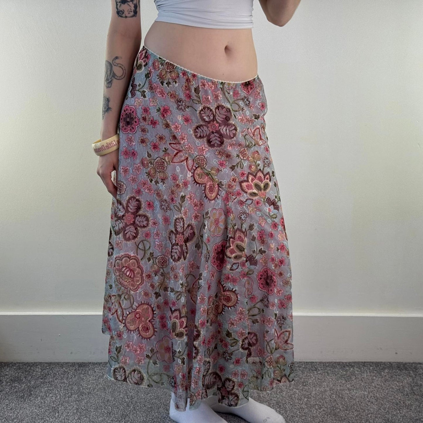 Y2K vintage floral mesh overlay maxi skirt a line lace pink blue beige stretchy