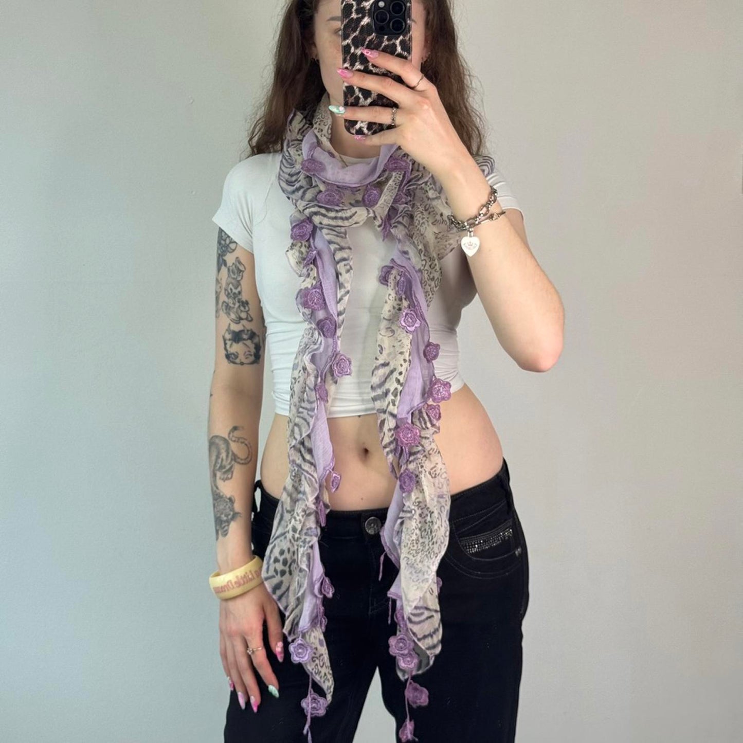 Y2K vintage leopard tiger print flower embroidery scarf lilac cream frilly