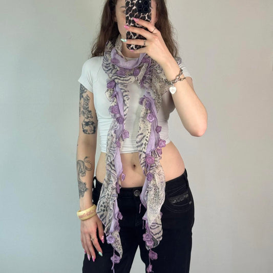 Y2K vintage leopard tiger print flower embroidery scarf lilac cream frilly
