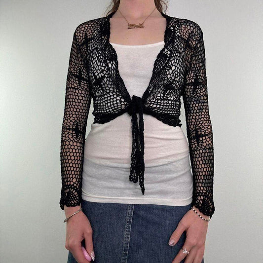Y2K vintage crochet cross long sleeve cardigan goth alt cropped tie front bow