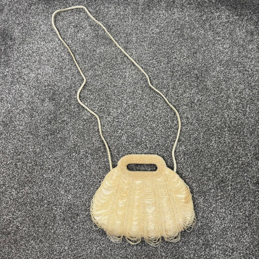 Y2K vintage beaded mini crossbody bag beads handbag evening cream scallop hem