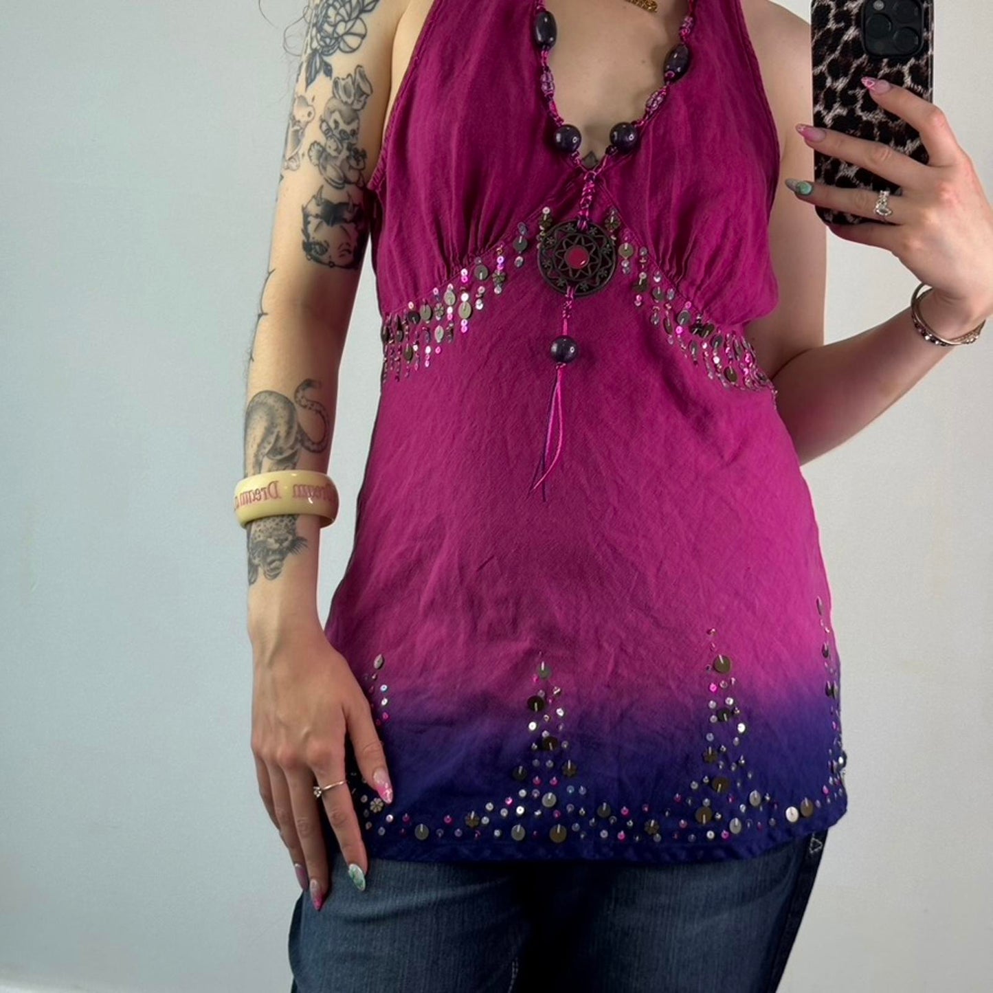 Y2K vintage 100% linen halter neck beaded sequin top v neck boho embellished M