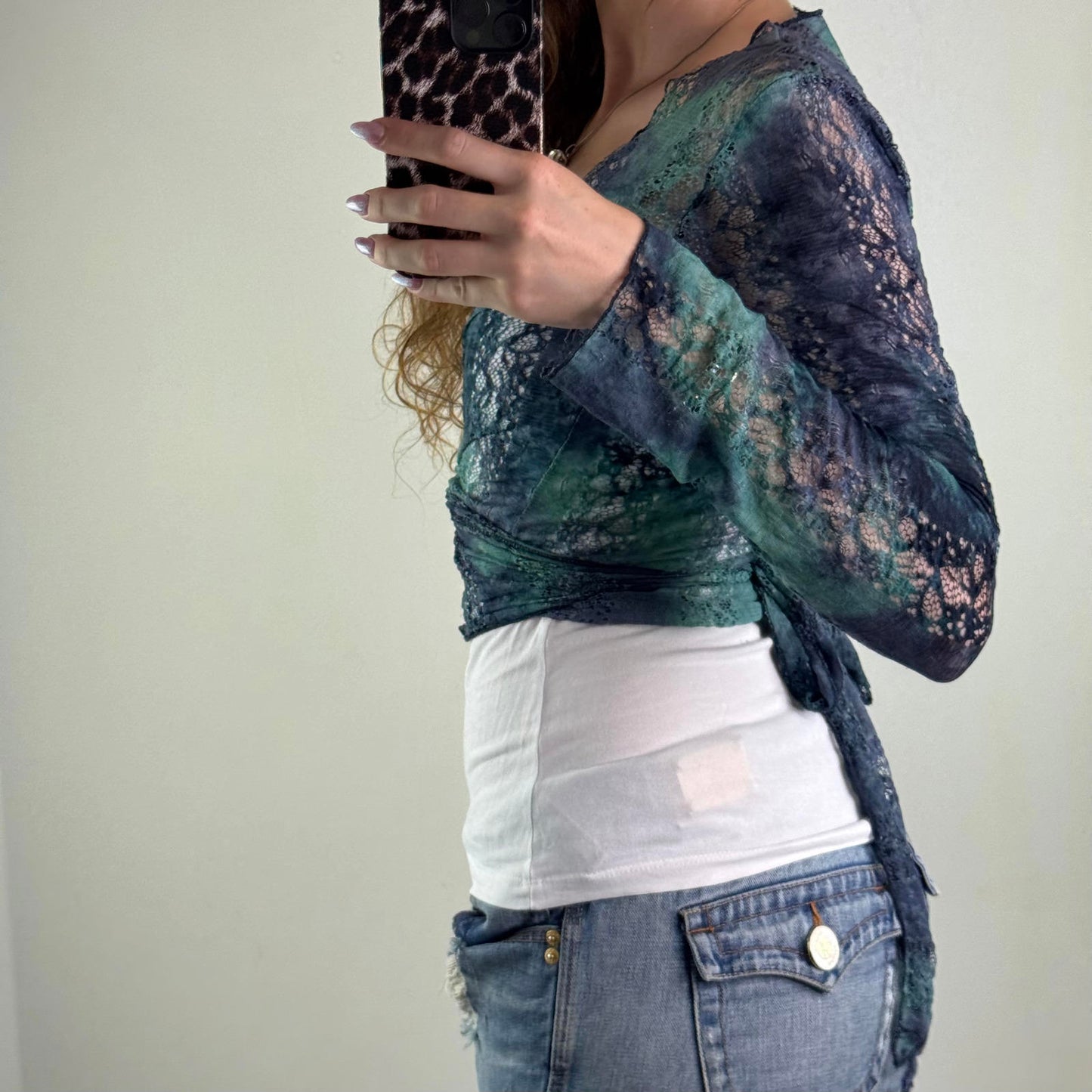 Y2K vintage wrap around cardigan sheer lace blue ombre tie bow adjustable