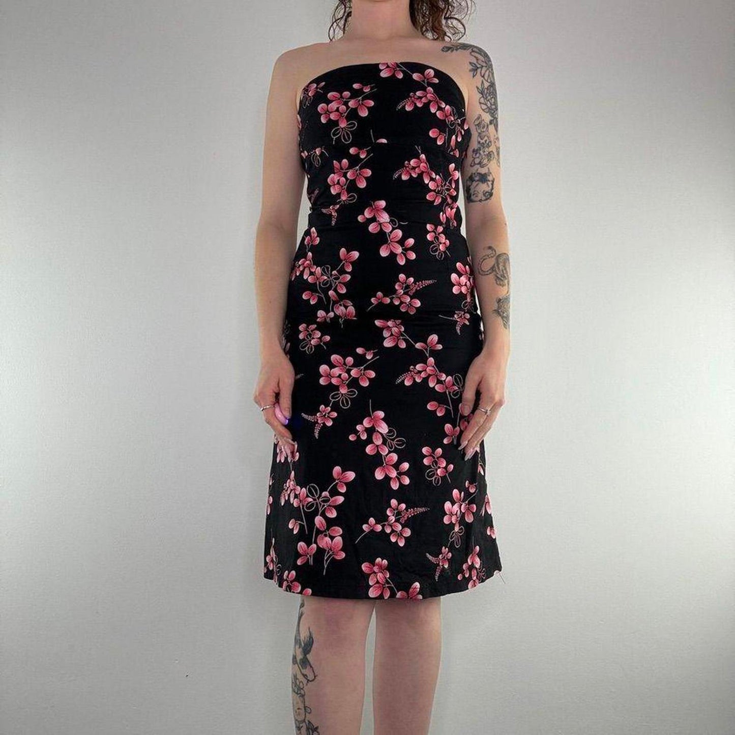 Y2K vintage strapless blossom floral midi dress a line fitted knee length