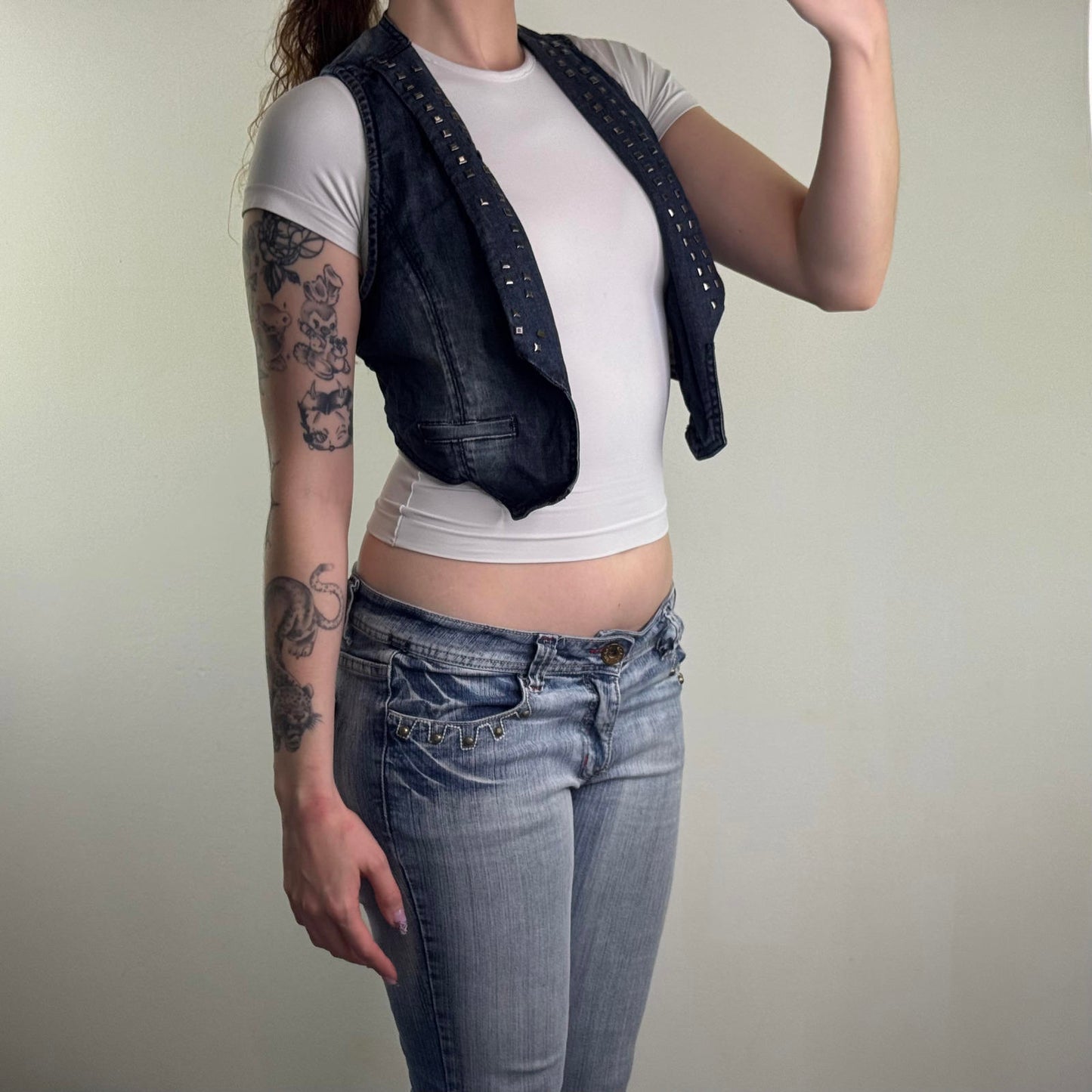 Y2K vintage studded open denim waistcoat jacket faded wash blue sleeveless