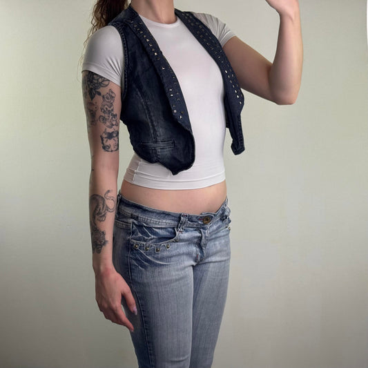 Y2K vintage studded open denim waistcoat jacket faded wash blue sleeveless