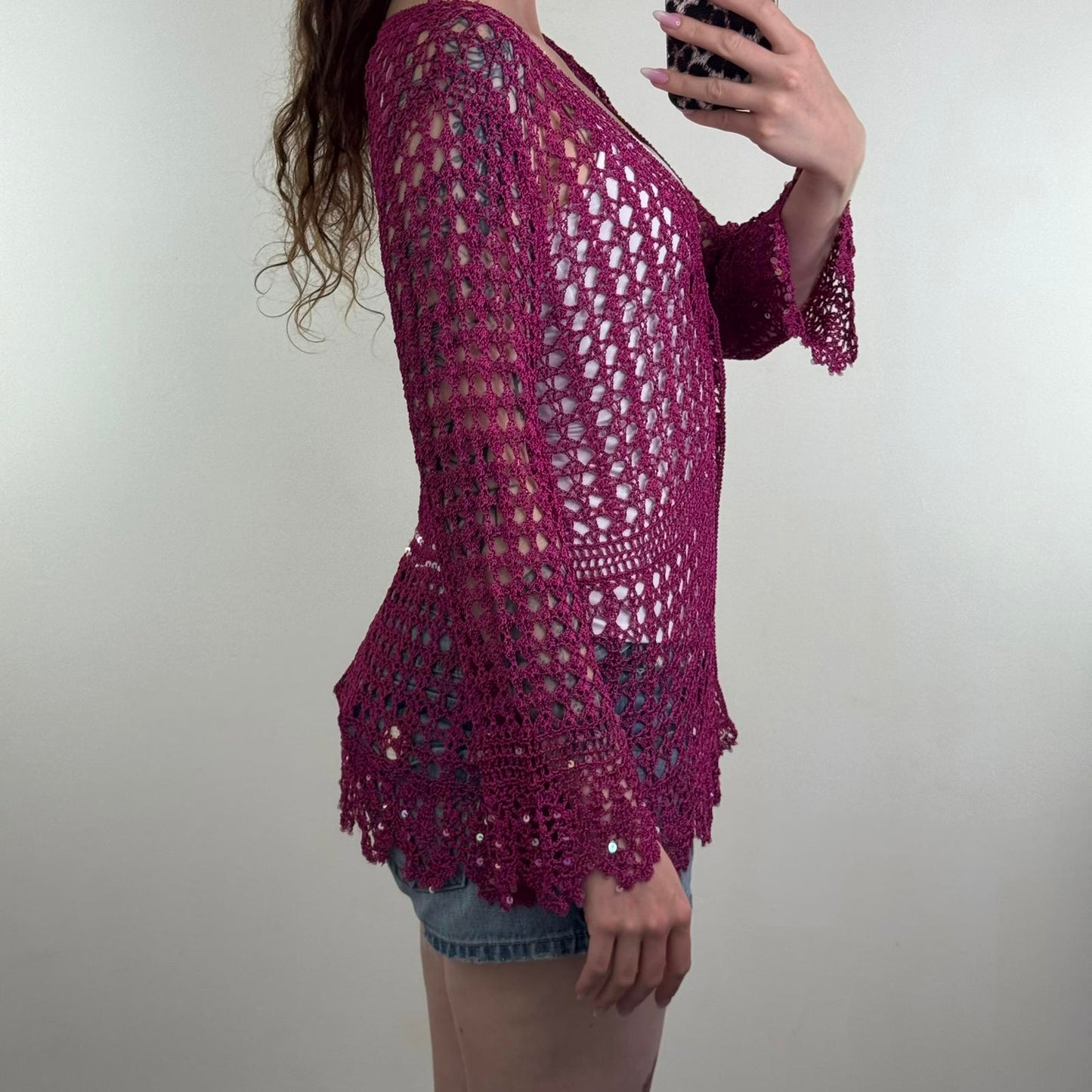 Y2K vintage crochet cardigan sequin button up scallop hem pink v neck knit sheer