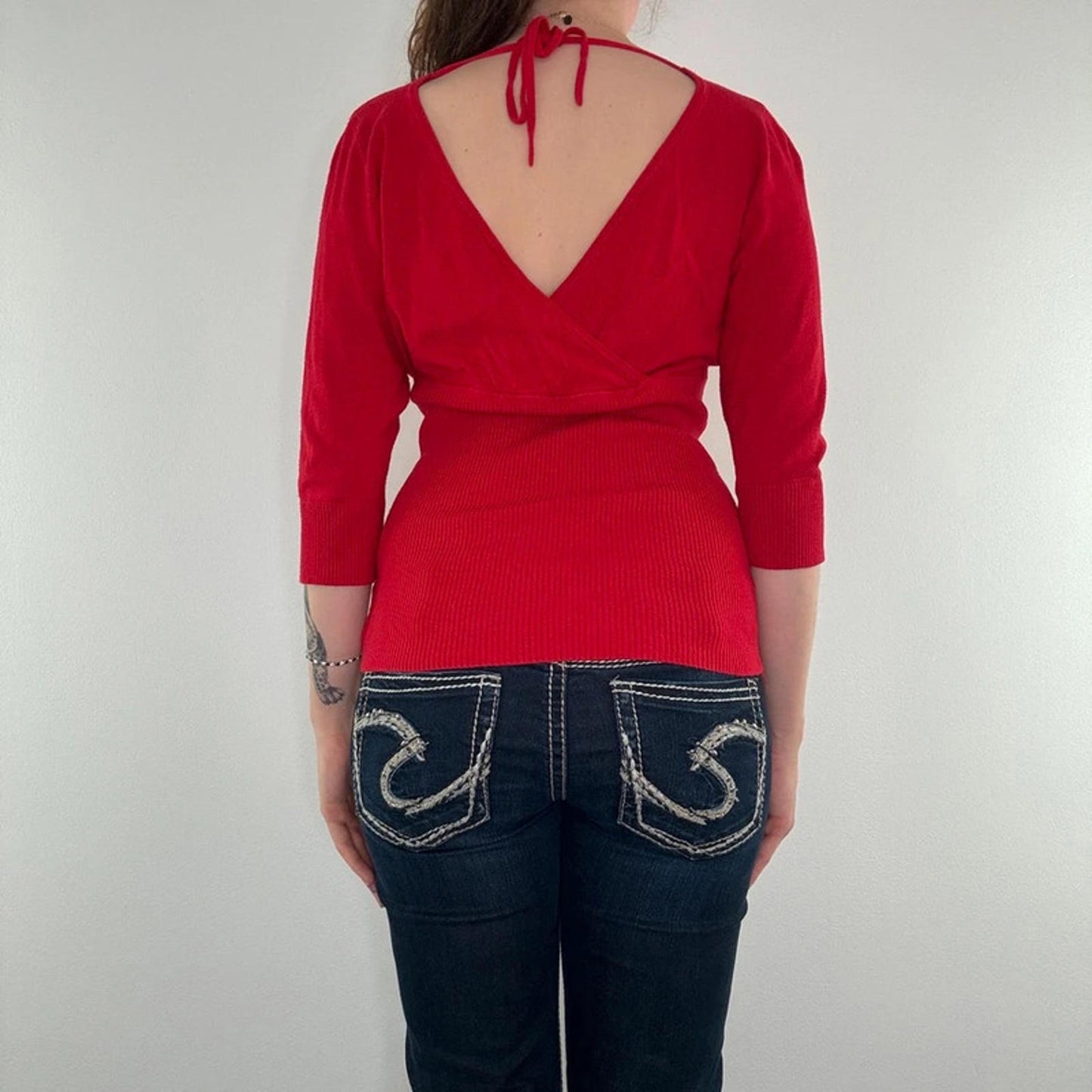 Y2K vintage Bay 3/4 sleeve fine knit jumper open back bow v neck stretchy