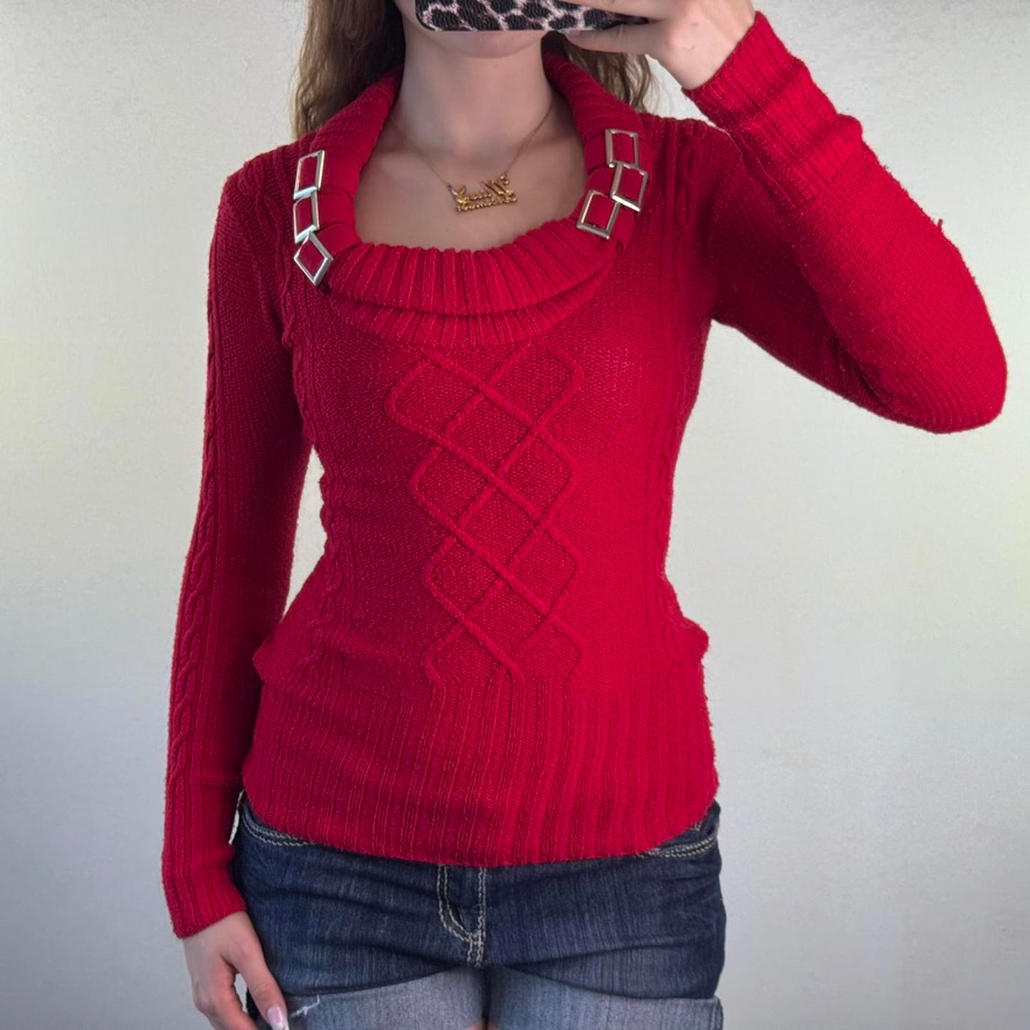 Vintage Jane Norman roll neck knitted jumper buckle scoop neck